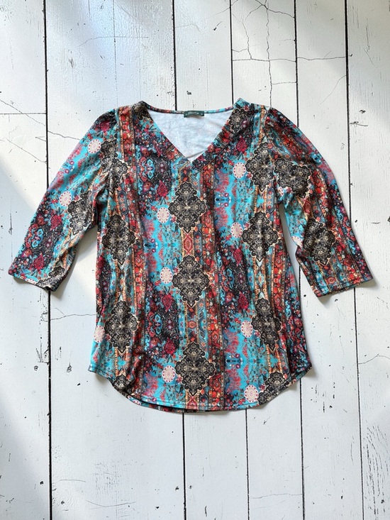 Ofeefan Tops - Ofeefan Teal Boho Jersey Knit Blouse Size Medium V-Neck 3/4 Sleeve Paisley Medal